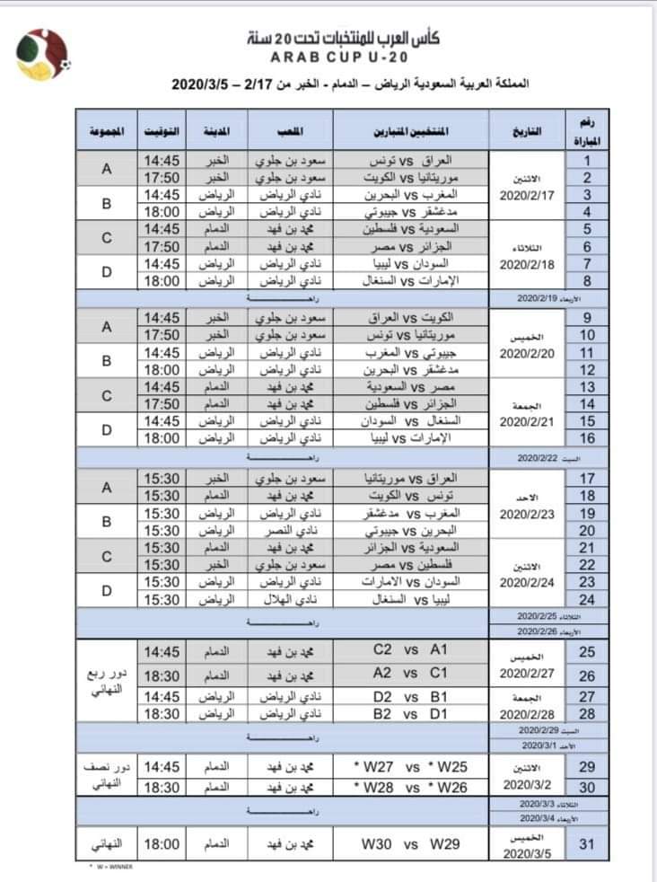 تعرف على جدول مباريات البطولة العربية للمنتخبات الشابة بالسعودية