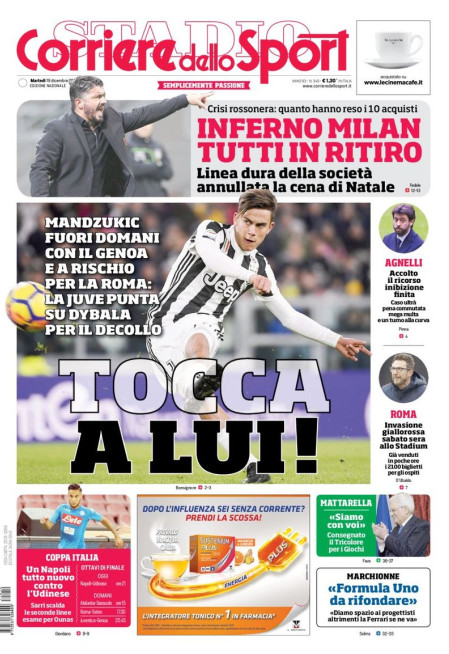 ابرزت العناوين ..صحافة إيطاليا تسلط الضوء على "جحيم" ميلان و"عودة ديبالا"