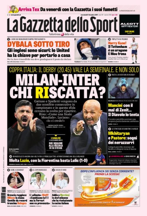 ديربي ميلانو يسيطر على الصحافة الايطالية